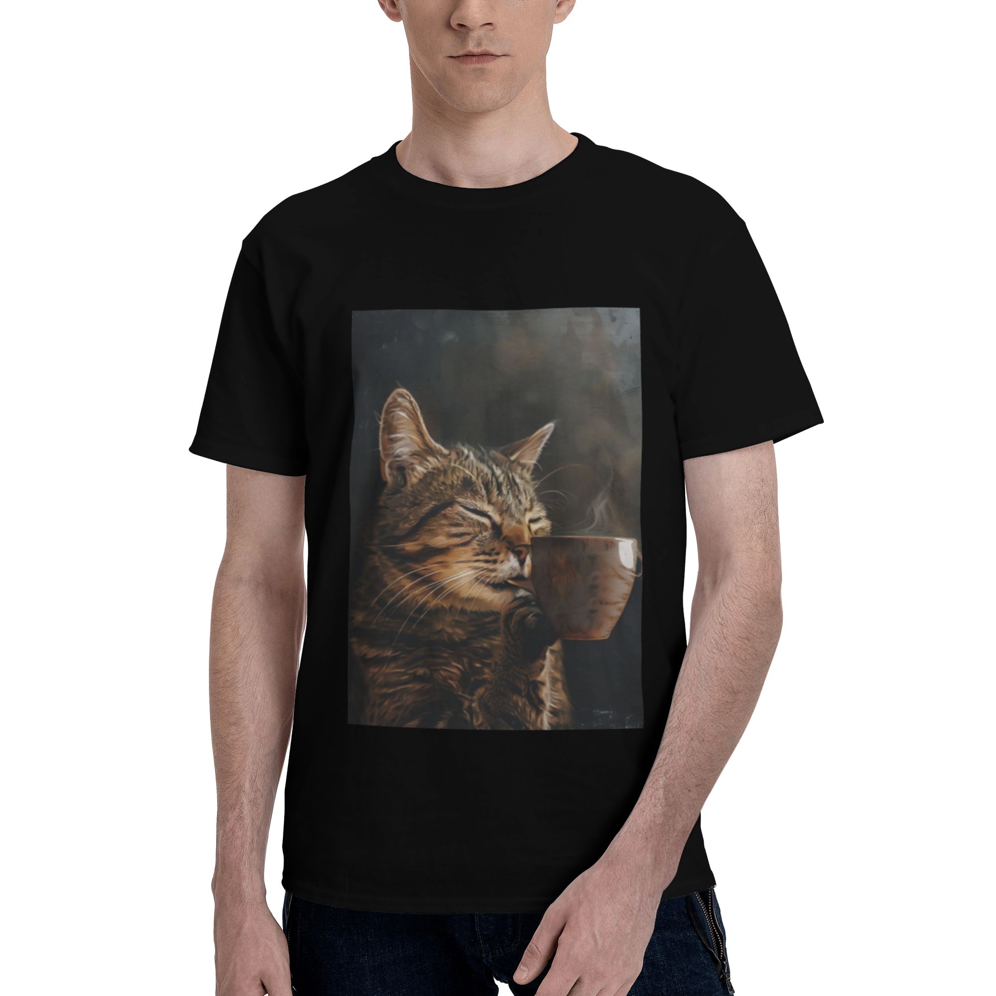Cat Enjoying Coffee Printed Cotton Short Sleeve T-Shirt - Black